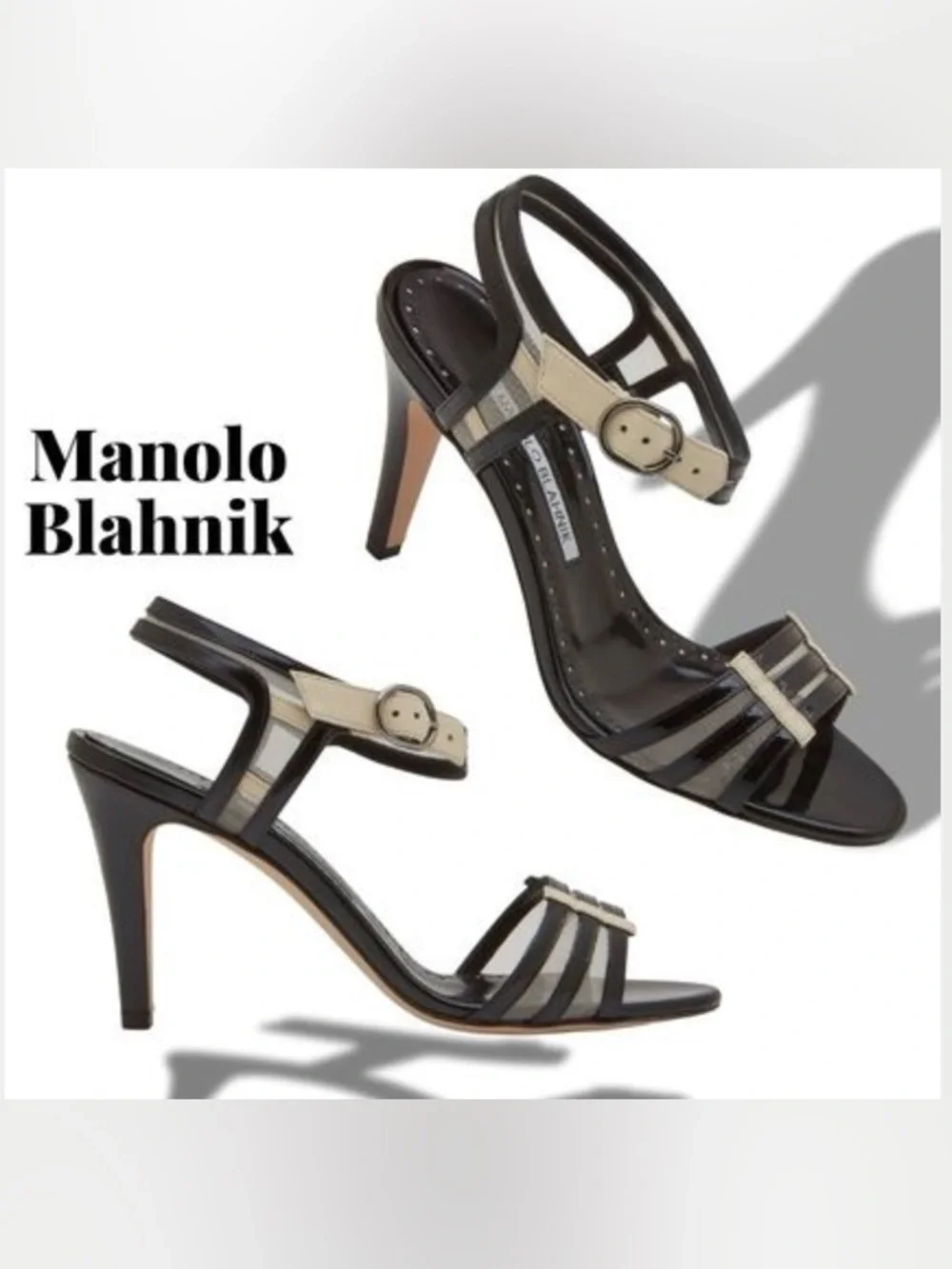 Manolo Blahnik CHA’AM Black and Beige Strappy Patent Leather Heels. NIB - Picture 1 of 5